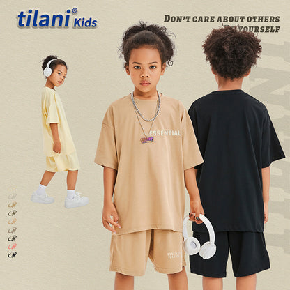 Tilani children's clothing FOG three -dimensional velvete letter Boys and girls two -piece loose children's clothing for one generation