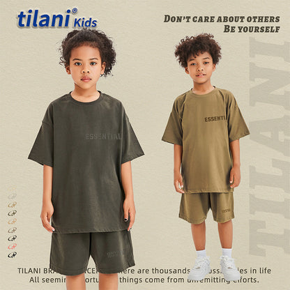 Tilani children's clothing FOG three -dimensional velvete letter Boys and girls two -piece loose children's clothing for one generation