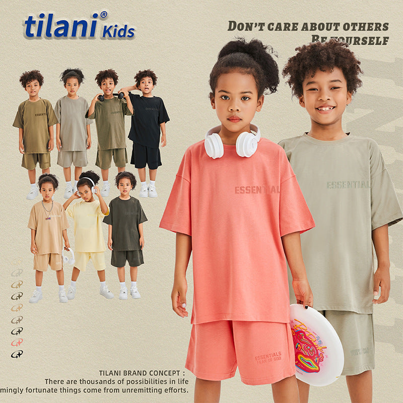 Tilani children's clothing FOG three -dimensional velvete letter Boys and girls two -piece loose children's clothing for one generation