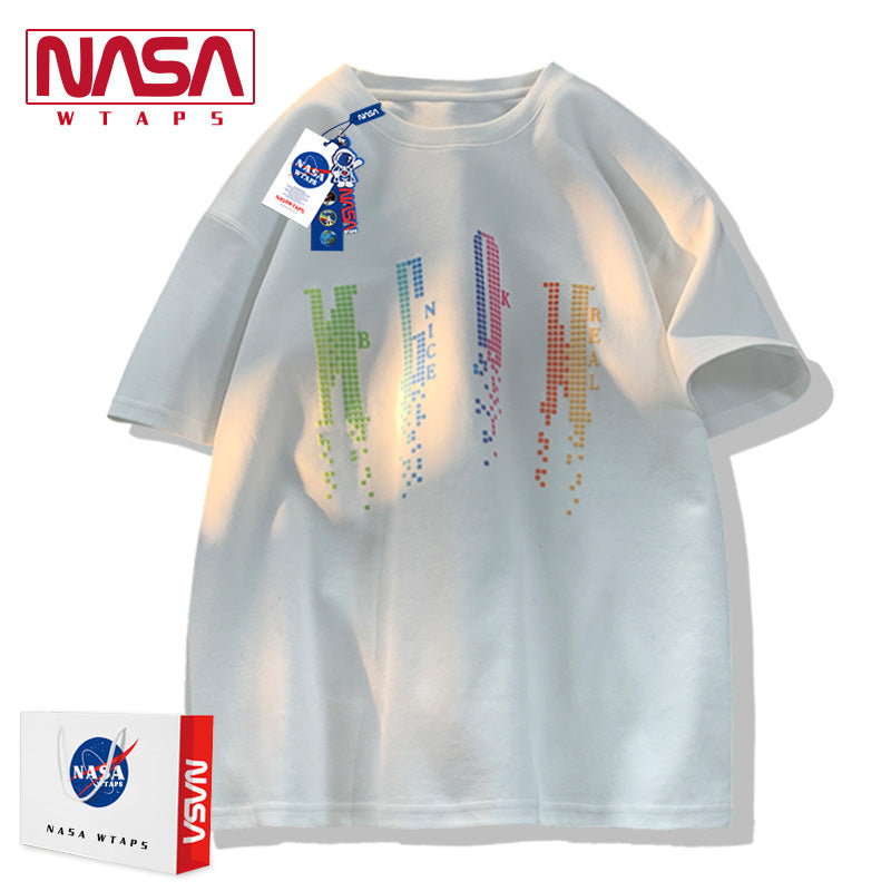 NASA flagship store national tide couple American trend gradient gemstone embroidered short -sleeved T -shirt male summer cotton half -sleeved shirt