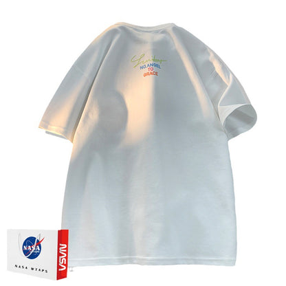 NASA flagship store national tide couple American trend gradient gemstone embroidered short -sleeved T -shirt male summer cotton half -sleeved shirt