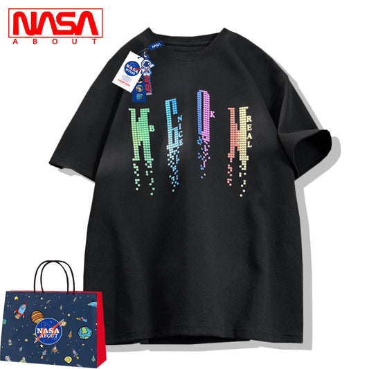 NASA flagship store national tide couple American trend gradient gemstone embroidered short -sleeved T -shirt male summer cotton half -sleeved shirt