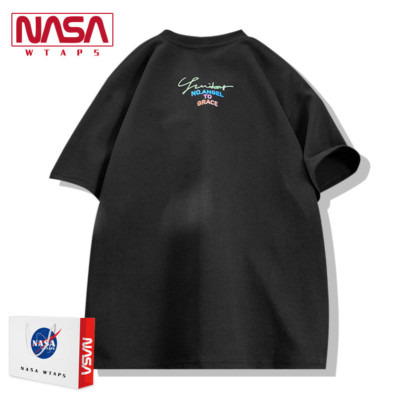 NASA flagship store national tide couple American trend gradient gemstone embroidered short -sleeved T -shirt male summer cotton half -sleeved shirt