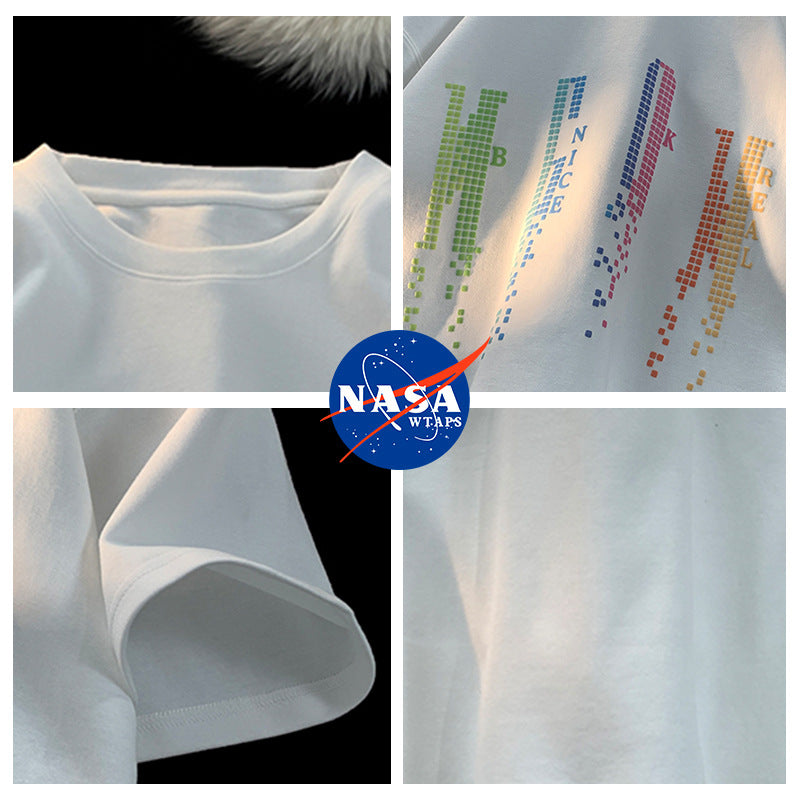 NASA flagship store national tide couple American trend gradient gemstone embroidered short -sleeved T -shirt male summer cotton half -sleeved shirt