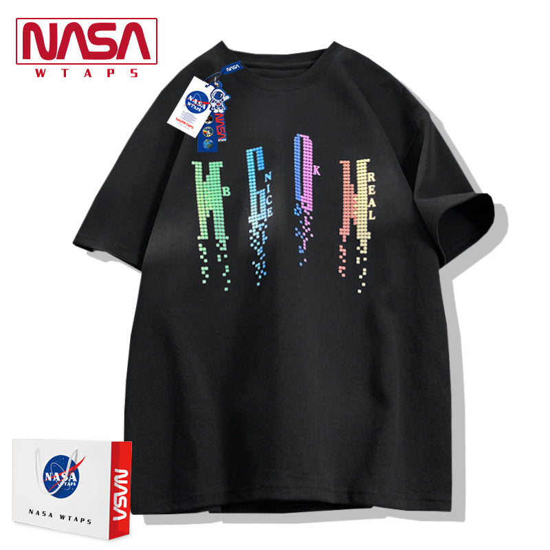 NASA flagship store national tide couple American trend gradient gemstone embroidered short -sleeved T -shirt male summer cotton half -sleeved shirt