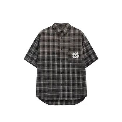 INF men's clothing | street tide American contrasting color grade shirt spring and summer tide brand loose couple short -sleeved checkered shirt