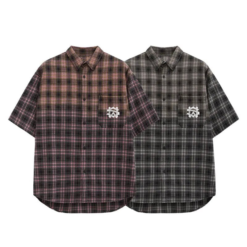 INF men's clothing | street tide American contrasting color grade shirt spring and summer tide brand loose couple short -sleeved checkered shirt