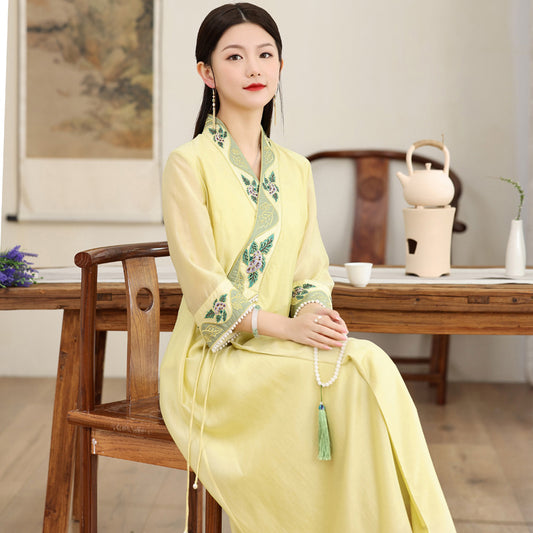 Improved version of Hanfu female China style 2022 summer new cheongsam temperament retro tea clothing female Zen style ancient style dress