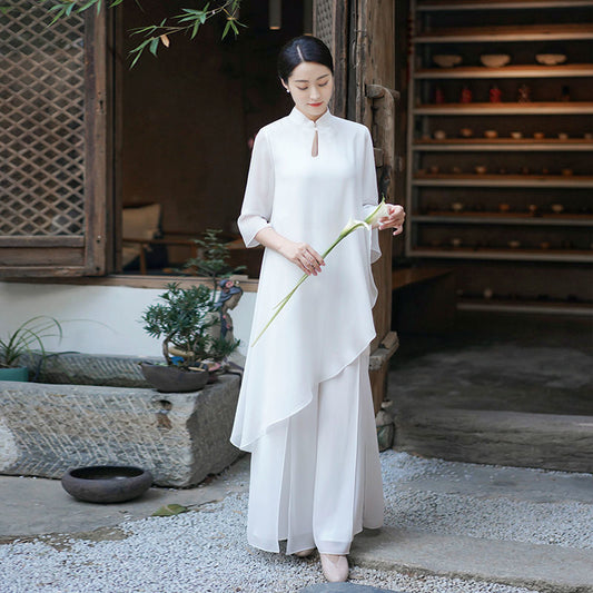 Retro elegant Zen tea clothing immortal 2022 summer new women's Chinese style white chiffon Hanfu suit