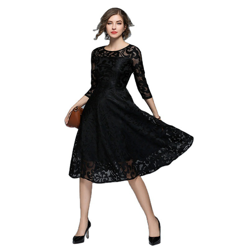 Cross -border spring and autumn dress European and American large size women's clothing seven -point sleeve slim slim slim mid -long long lace large dress