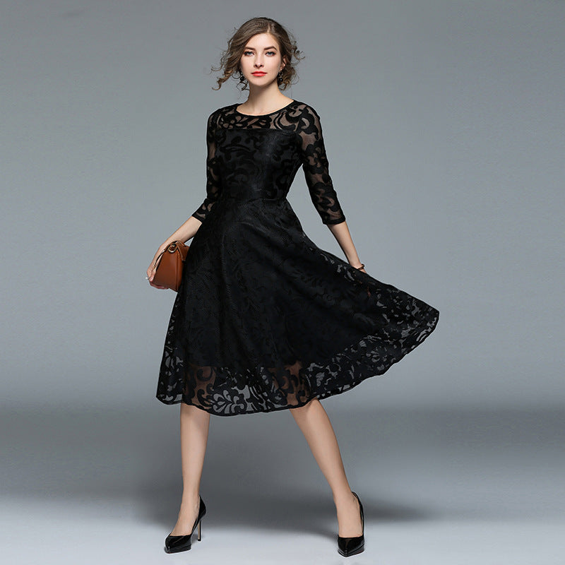 Cross -border spring and autumn dress European and American large size women's clothing seven -point sleeve slim slim slim mid -long long lace large dress