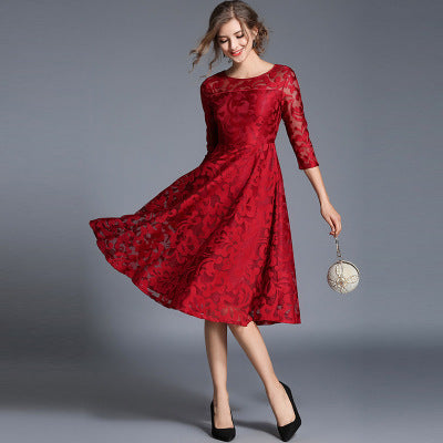 Cross -border spring and autumn dress European and American large size women's clothing seven -point sleeve slim slim slim mid -long long lace large dress