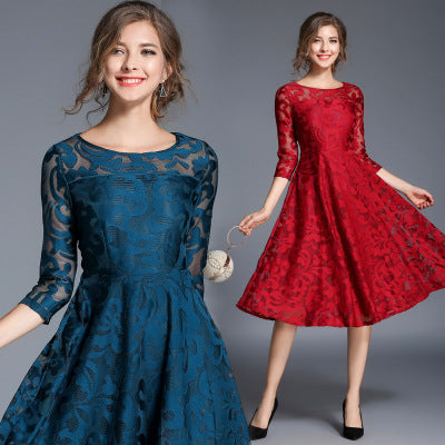 Cross -border spring and autumn dress European and American large size women's clothing seven -point sleeve slim slim slim mid -long long lace large dress