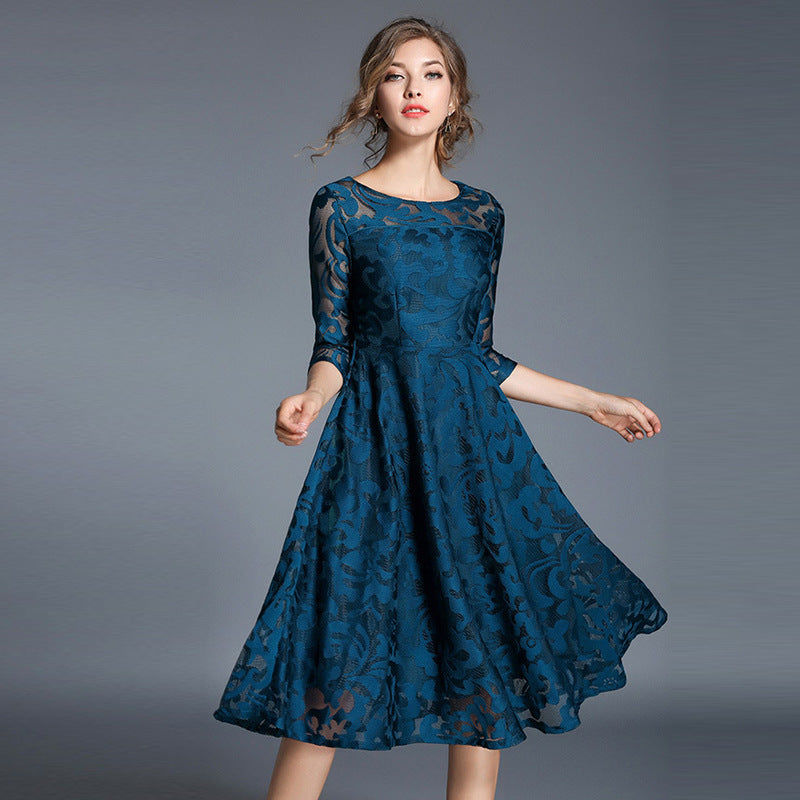 Cross -border spring and autumn dress European and American large size women's clothing seven -point sleeve slim slim slim mid -long long lace large dress