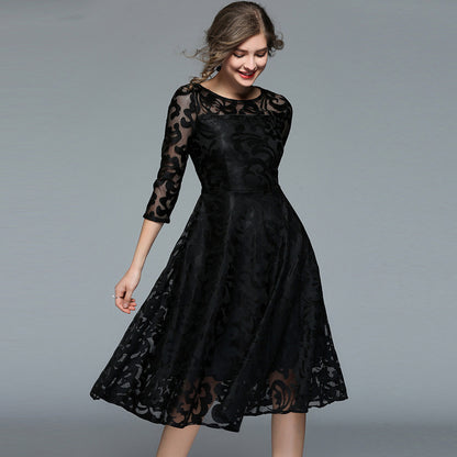 Cross -border spring and autumn dress European and American large size women's clothing seven -point sleeve slim slim slim mid -long long lace large dress