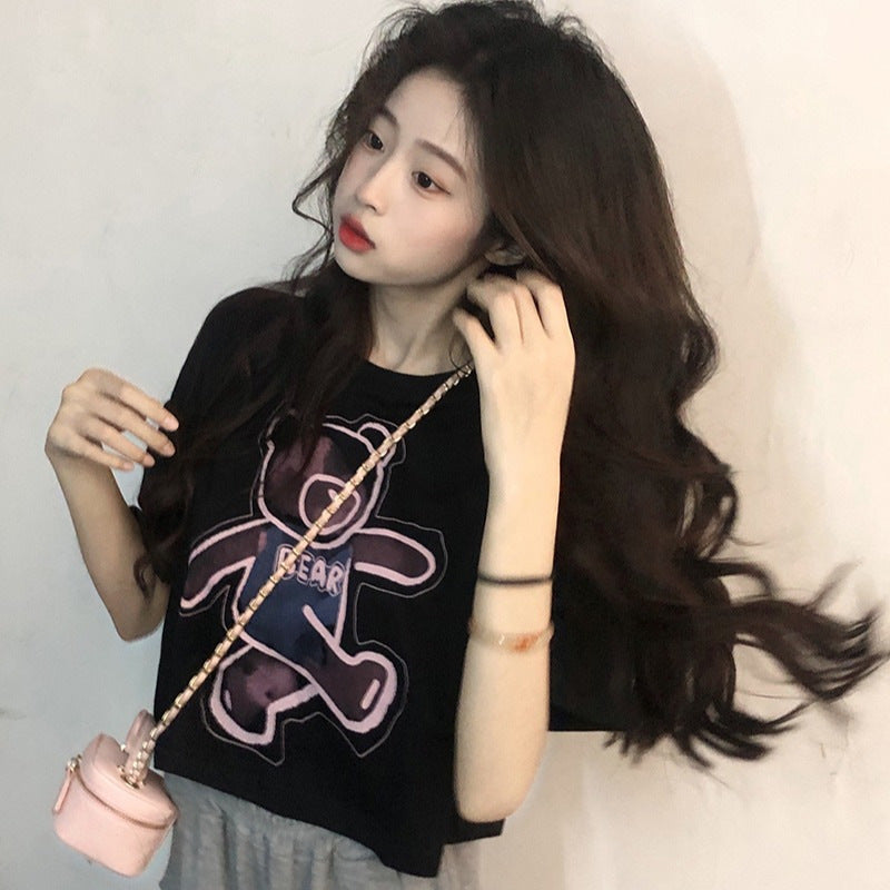 Pure cotton bag collar beard cartoon printed short -sleeved T -shirt female 2022 summer short loose casual wild top female