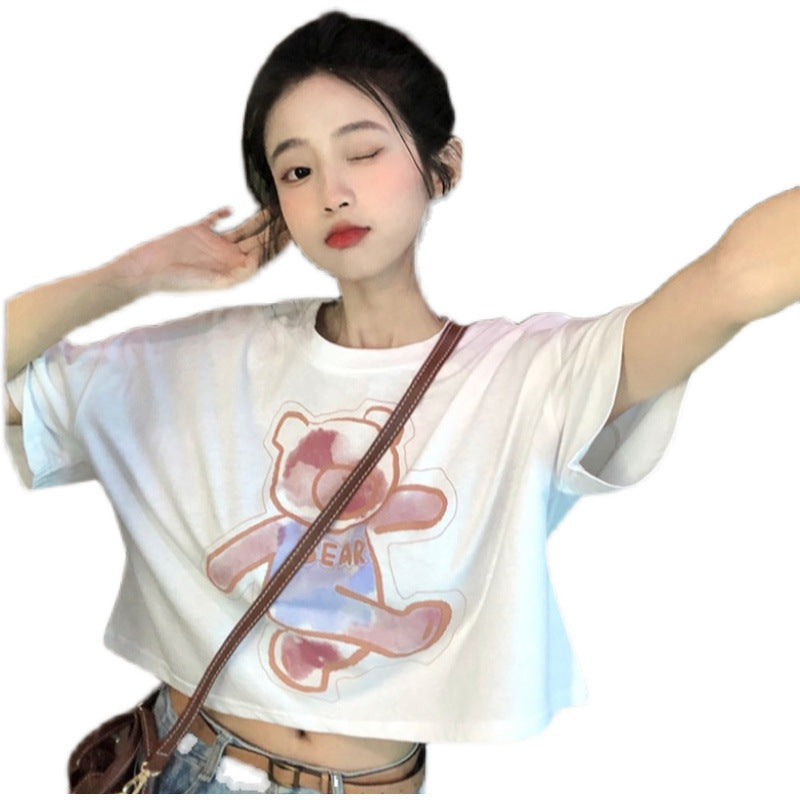 Pure cotton bag collar beard cartoon printed short -sleeved T -shirt female 2022 summer short loose casual wild top female