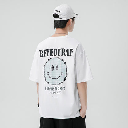 Men's short -sleeved T -shirts in summer new loose smiley face printing T -shirt couple clothing Japanese tide latching half -sleeved