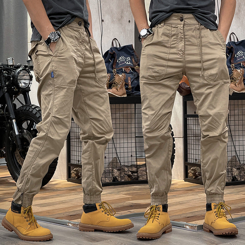 Autumn new American retro worker pants men's loose waist, multi -pocket loose men's casual foot pants big size