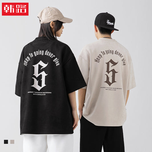 Oversize version | American letter printing suede T -shirt men's clothing spring and summer new tide brand loose multi -color short sleeves