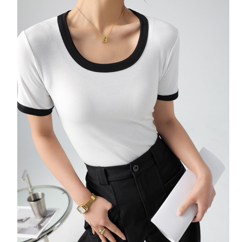 In summer, the contrasting color large round neck, the short -sleeved short -sleeved T -shirt female INS trendy cotton French style women's bottom shirt shirt (part of the SKU, save the draft box)