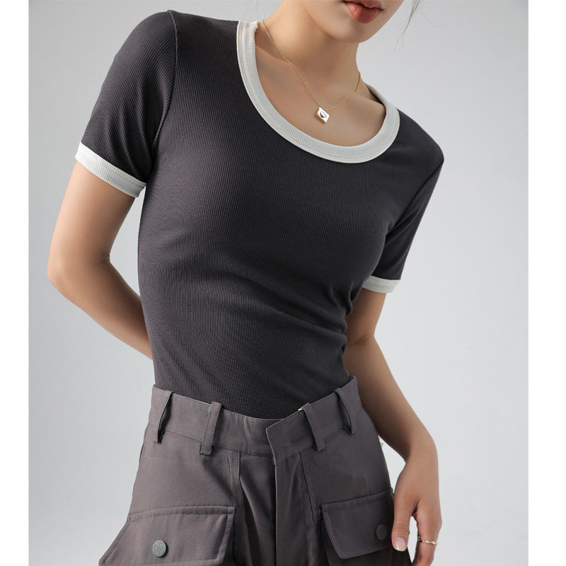 In summer, the contrasting color large round neck, the short -sleeved short -sleeved T -shirt female INS trendy cotton French style women's bottom shirt shirt (part of the SKU, save the draft box)