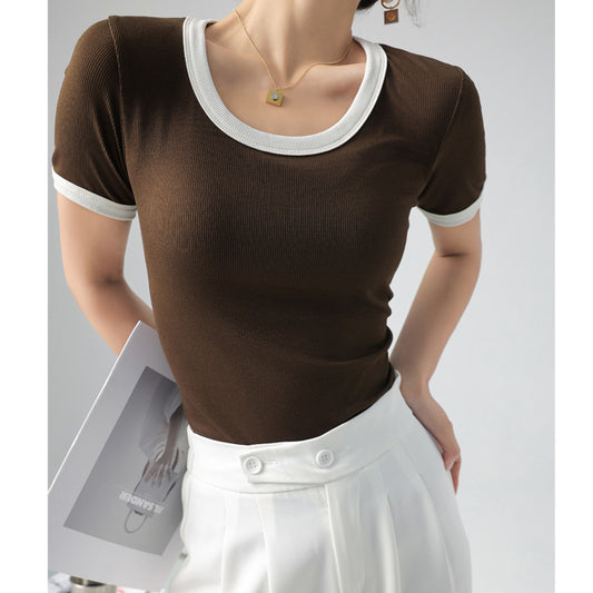 In summer, the contrasting color large round neck, the short -sleeved short -sleeved T -shirt female INS trendy cotton French style women's bottom shirt shirt (part of the SKU, save the draft box)