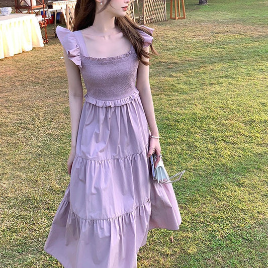 2023 new high -level sensor waist waist thin design sense, small flying sleeve purple cubes dress girl summer