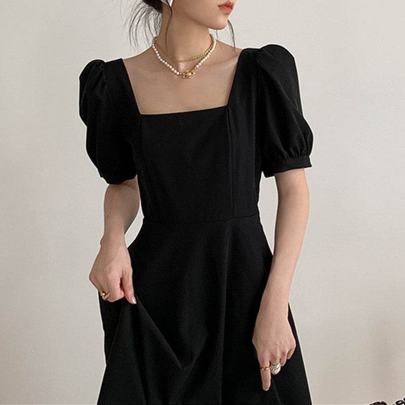 Black dress female 2023 summer new French retro temperament square collar waist long Hepburn Hepburn style black skirt