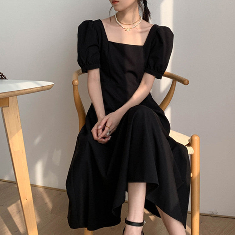 Black dress female 2023 summer new French retro temperament square collar waist long Hepburn Hepburn style black skirt