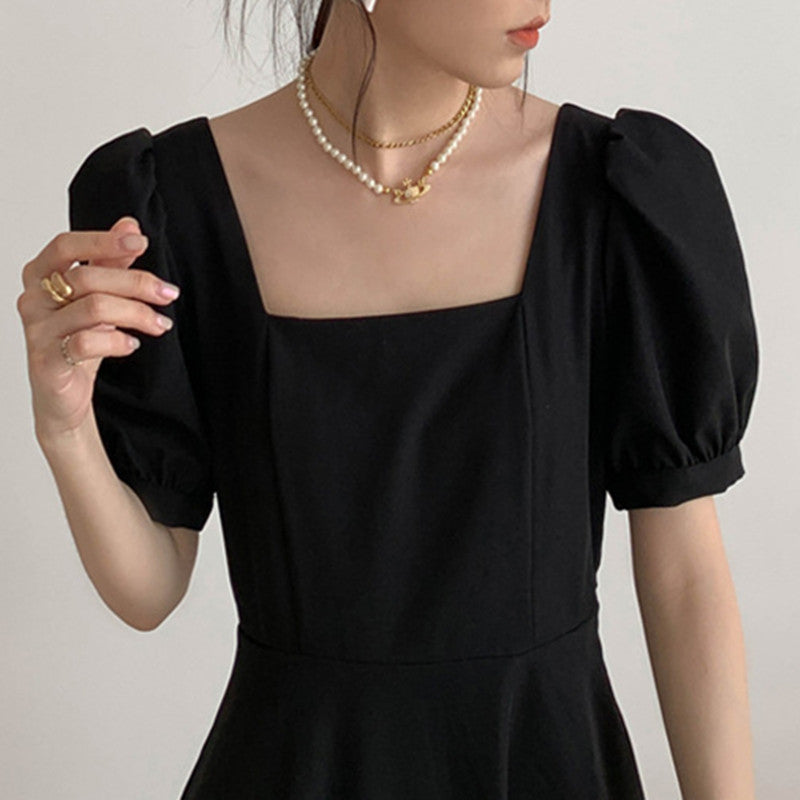 Black dress female 2023 summer new French retro temperament square collar waist long Hepburn Hepburn style black skirt