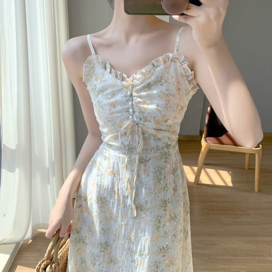 Small fishtail suspender skirt, tea break, French temperament Vibrous tube top floral dress, summer 2023 new women's clothing